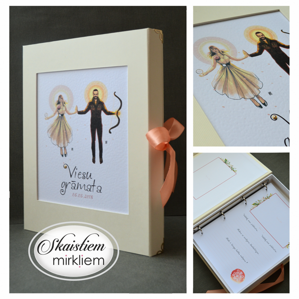 Gaiša toņa viesu grāmata ar personificētu jauno pāra ilustrāciju