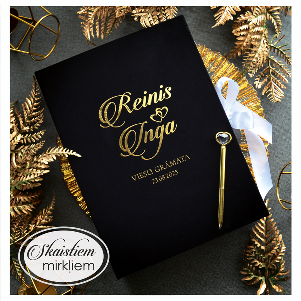 Eleganta melna viesu grāmata ar zelta burtiem un anketām viesiem