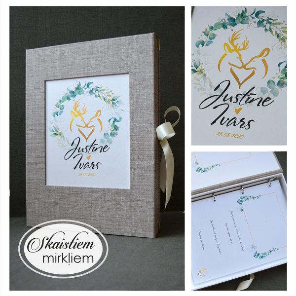 Pelēka viesu grāmata ar brieža pāra siluetu un zaļumu vainaga motīvu meža tematikas kāzām