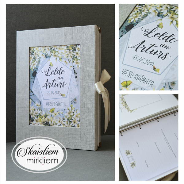 Pelēka viesu grāmata ar pļavas ziedu printu un anketas lapām