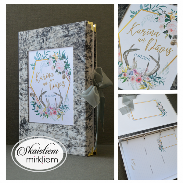 Pelēka viesu grāmata no samta audumu, krāšņa ziedu printa un vietu viesu anketām