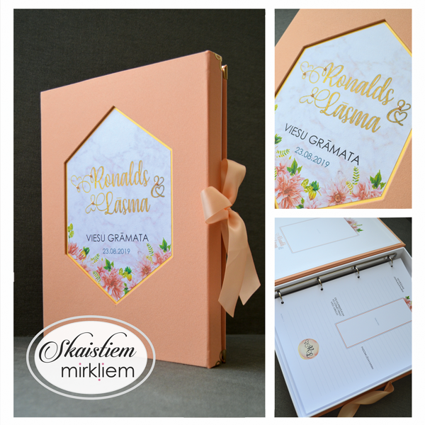 Persiku krāsas viesu grāmata ar zelta sešstūra rāmja dizainu un sārtiem ziediem