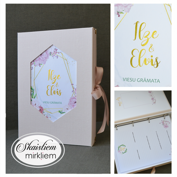 Viesu grāmata rozā tonī ar elegantu zelta folijas druku un ziedu printu