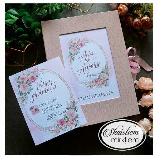 Viesu grāmata rozā tonī ar zelta apļa rāmja printu, ziediem un instrukcijas karti anketām