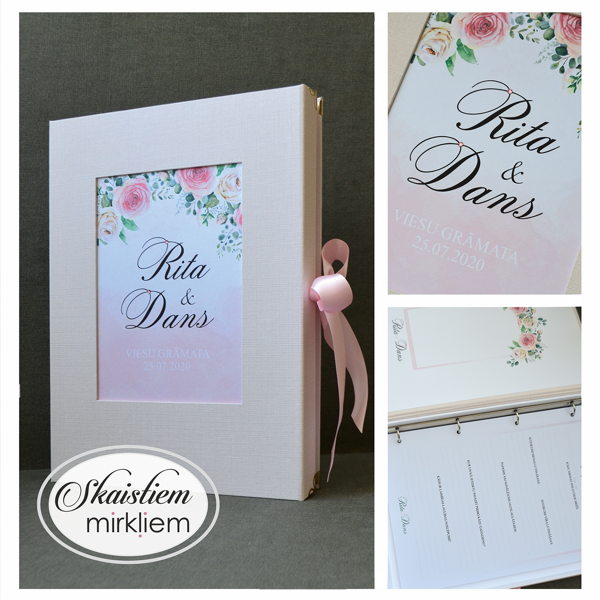 Viesu grāmata rozā tonī ar rozā ziedu printu un personalizētu vāka apdruku