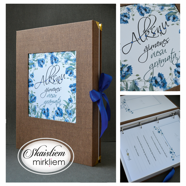 Rustic stila viesu grāmata ar zilu akvareļu ziedu motīvu un anketām