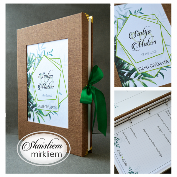 Rustic stila viesu grāmata ar koši zaļu lapu rāmja printu un pieskaņotu atlasa lenti