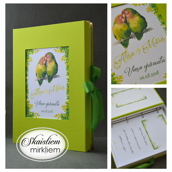 Koši zaļa viesu grāmata ar papagaiļu printu un pieskaņotu zaļu atlasa lenti