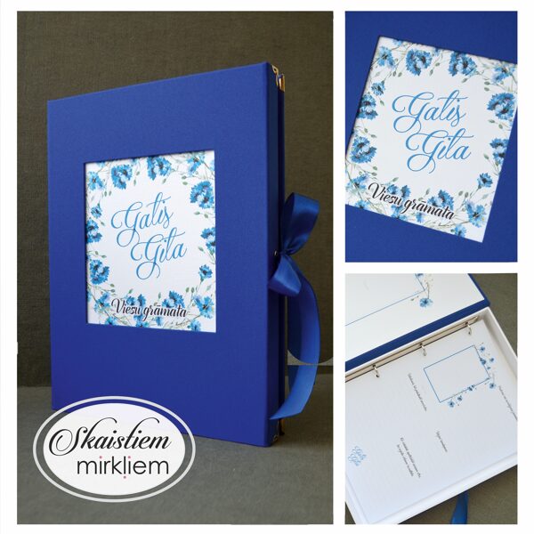 Karaliski zila auduma viesu grāmata ar ziedu motīvu printu, saskaņotu lapas paraugu