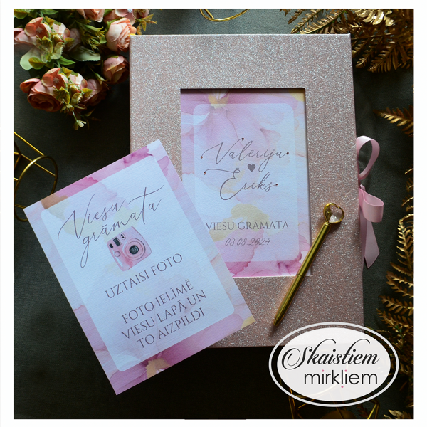 Mirdzoša rozā dekoratīvā materiāla viesu grāmata ar akvareļu laukuma printu