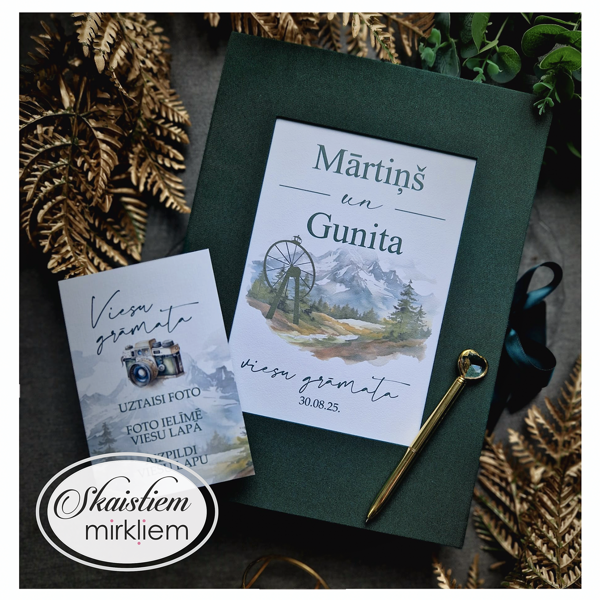 Personalizējamas viesu grāmatas ar akvareļa ainavas dizainu un zaļiem vākiem