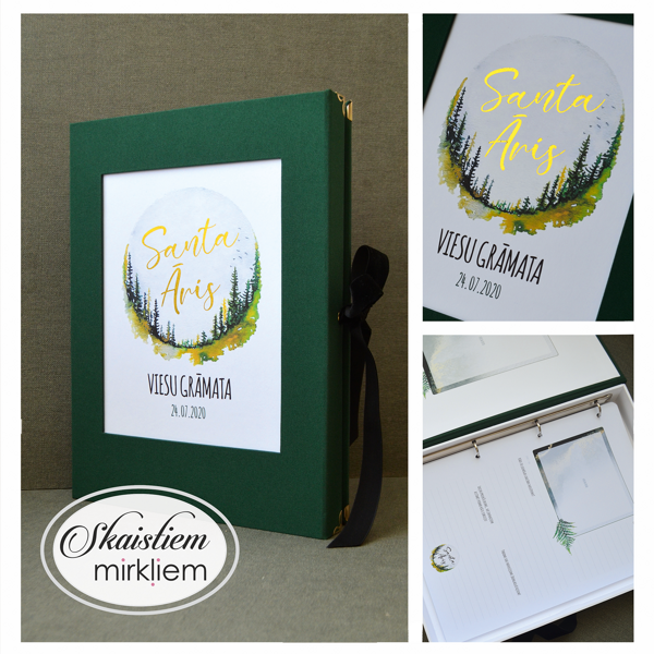 Personalizēta viesu grāmata kāzām ar zaļu vāku un meža ainavas dizainu