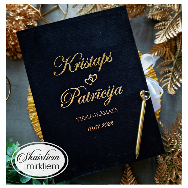 Melna teksturēta auduma viesu grāmata ar zelta druku, individuāli pielāgotām anketu lapām