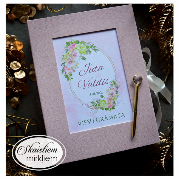 Viesu grāmata ar zelta rāmja printu, ziedu motīviem un anketas lapām