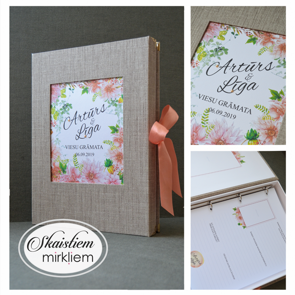 Viesu grāmata rudens kāzām ar sārtu ziedu kompozīcijas printu un persiku krāsas lenti 