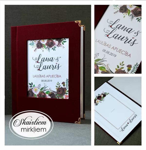 Laulības apliecības vāki bordo tonī ar tumšiem ziediem un personalizāciju "Lana un Lauris"