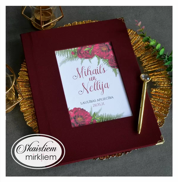 Personalizēti bordo laulības apliecības vāki ar magonēm "Mihails un Nellija"