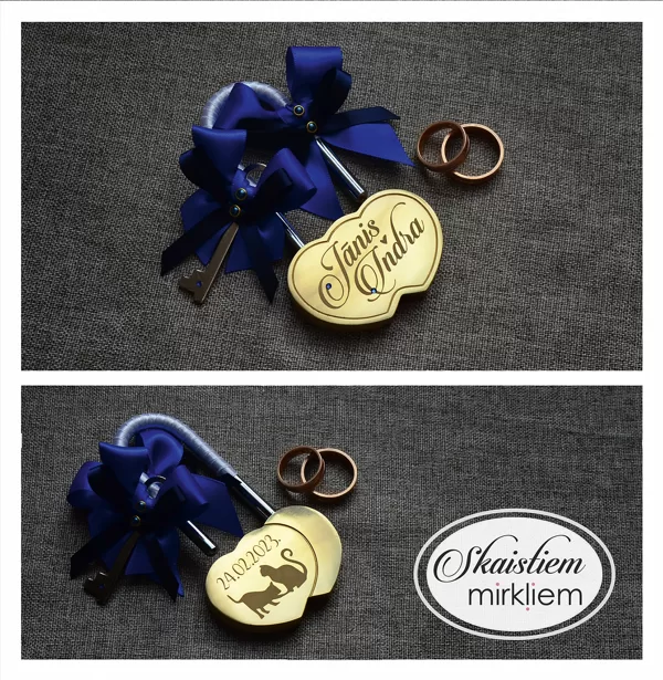 Zelta kāzu slēdzene ar gravējumu "Jānis un Indra un kaķu simboliku" ar zilu satīna lenti