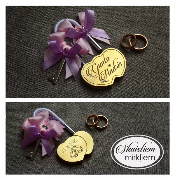 Personalizēta sirds slēdzene "Gunta un Andris" ar violeto toņu lentītēm