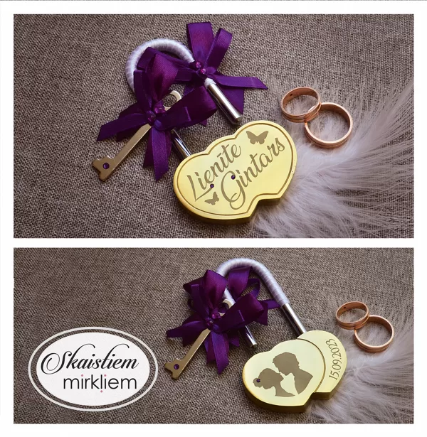 Personalizēta sirds slēdzene "Lienīte un Gintars ar tauriņiem" un tumši violetu dekoru