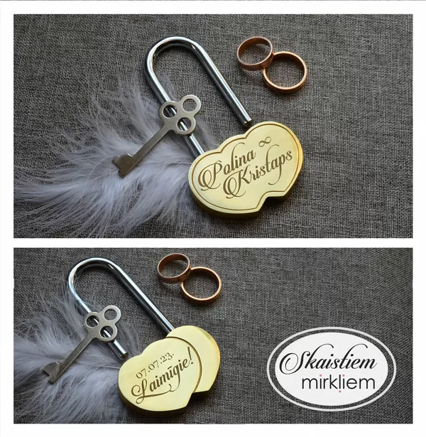 Kāzu slēdzenes gravējums ar vārdiem un uzrakstu Laimīgie!