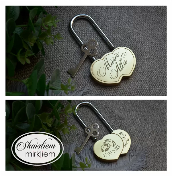 Personalizēts gravējumus ar vārdiem un gredzenu simbolika uz zelta slēdzenes