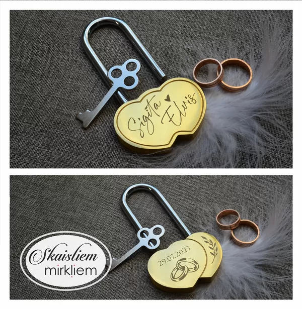 Personalizēts gravējums Sigita un Elvis ar savītiem gredzeniem un datumu