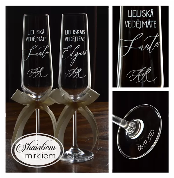 Glāzes "Lieliskā vedējmāte Santa" un "Lieliskais vedējtēvs Edgars" ar iniciāļiem