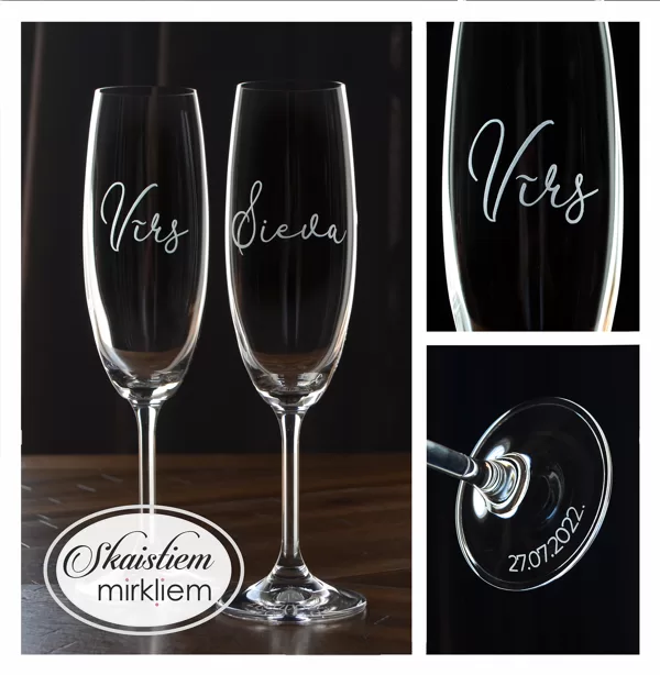 Elegants kāzu glāžu komplekts ar vijīgu vārdu gravējumu "Vīrs" un "Sieva" klasiskā stilā