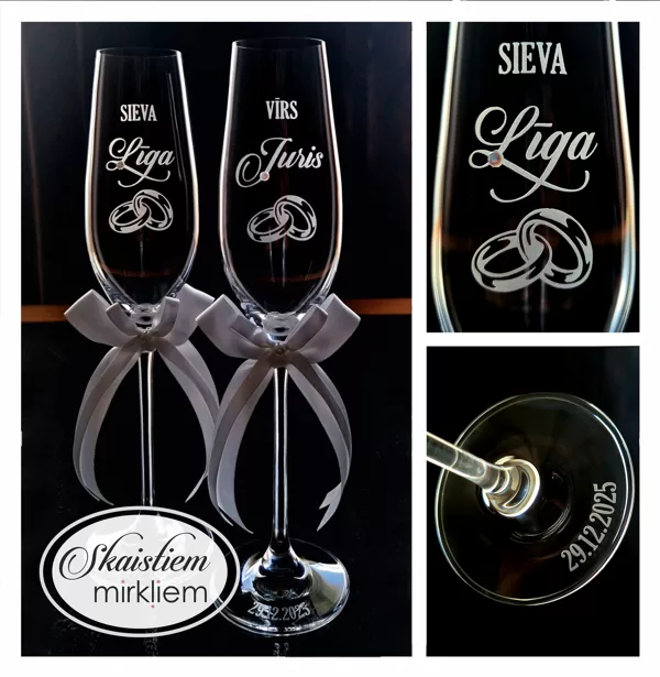 Personalizētas kāzu glāzes "Sieva" un "Vīrs" gravējumu, vārdiem un gredzenu simbolu