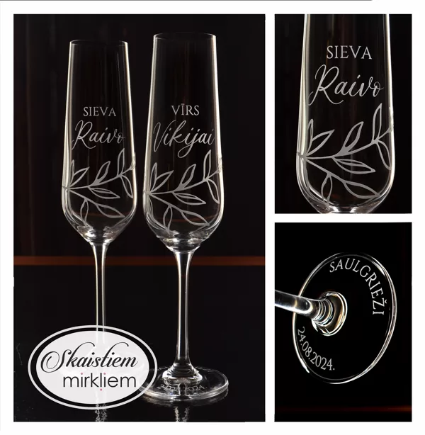 Elegants kāzu glāžu komplekts ar vārdu gravējumu "Sieva", "Vīrs" un smalku lapu motīvu