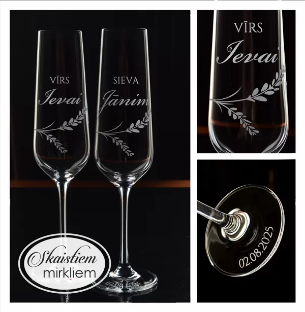 Eleganti gravētas kāzu glāzes ar vārdiem, sieva/virs un lavandas zariņu