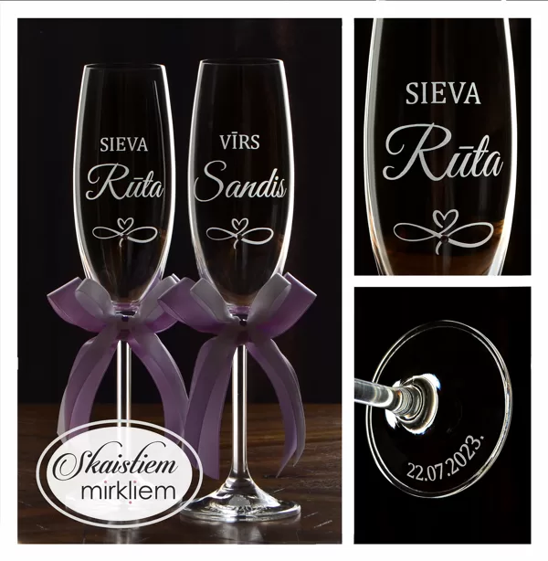 Personalizētas kāzu glāzes ar uzrakstiem "Sieva", "Vīrs" un vārdiem, dekorētas ar lentēm