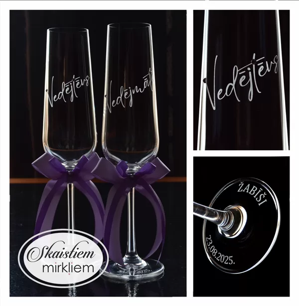 Elegants vedēju glāžu komplekts ar violetām lentēm un vārdu gravējumu
