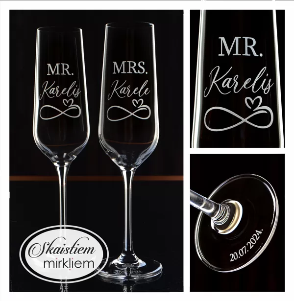 Elegantas kāzu glāzes ar gravējumu "MR. Karelis", "MRS. Karele" un savītu sirsniņu apakšā