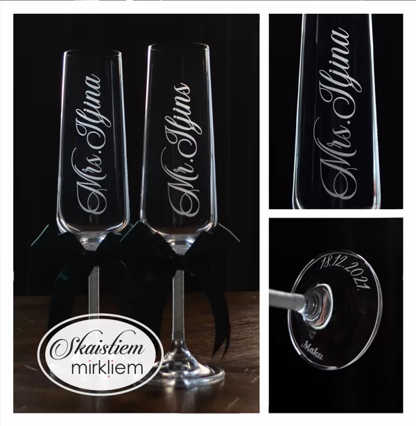 Personalizētas kāzu glāzes "Mrs. Iļjina", "Mr. Iļjins" ar elegantu kaligrāfisko stilu