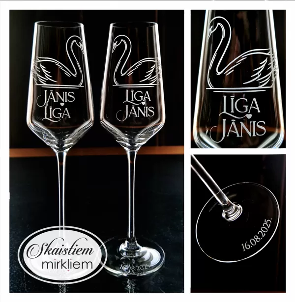 Elegants kāzu glāžu gravējums ar gulbju siluetiem un vārdiem Jānis un Līga