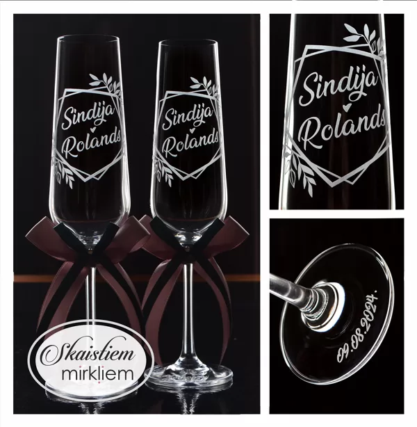 Elegants gravējums Sindijai un Rolandam rombveida lapu rāmī ar lentēm