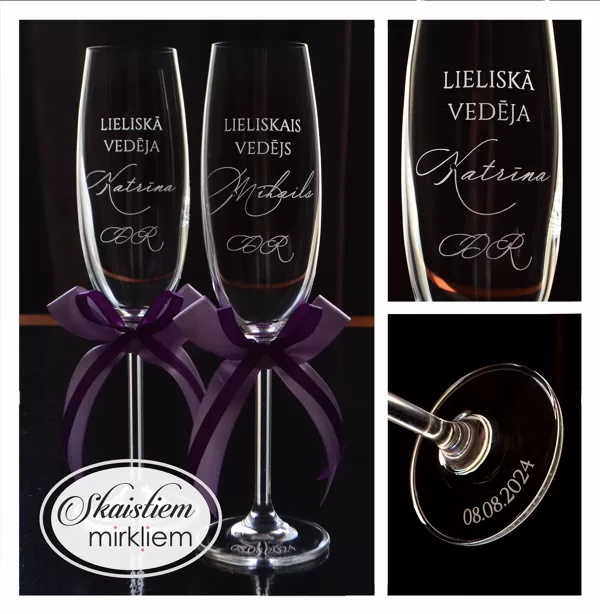 Personalizētas glāzes vedējiem Katrīnai un Mihailam ar violetām lentēm