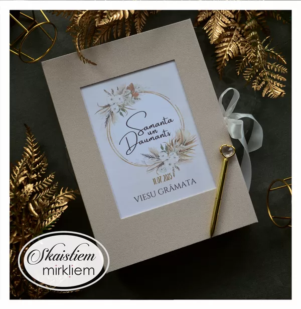 Personalizēta viesu grāmata ar izņemamām anketu lapām boho kāzu tematikā ar zelta detaļām