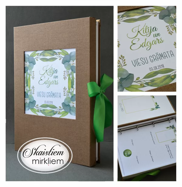 Brūna viesu grāmata ar bagātīgu zaļo augu vainaga printu un personalizētām lapām