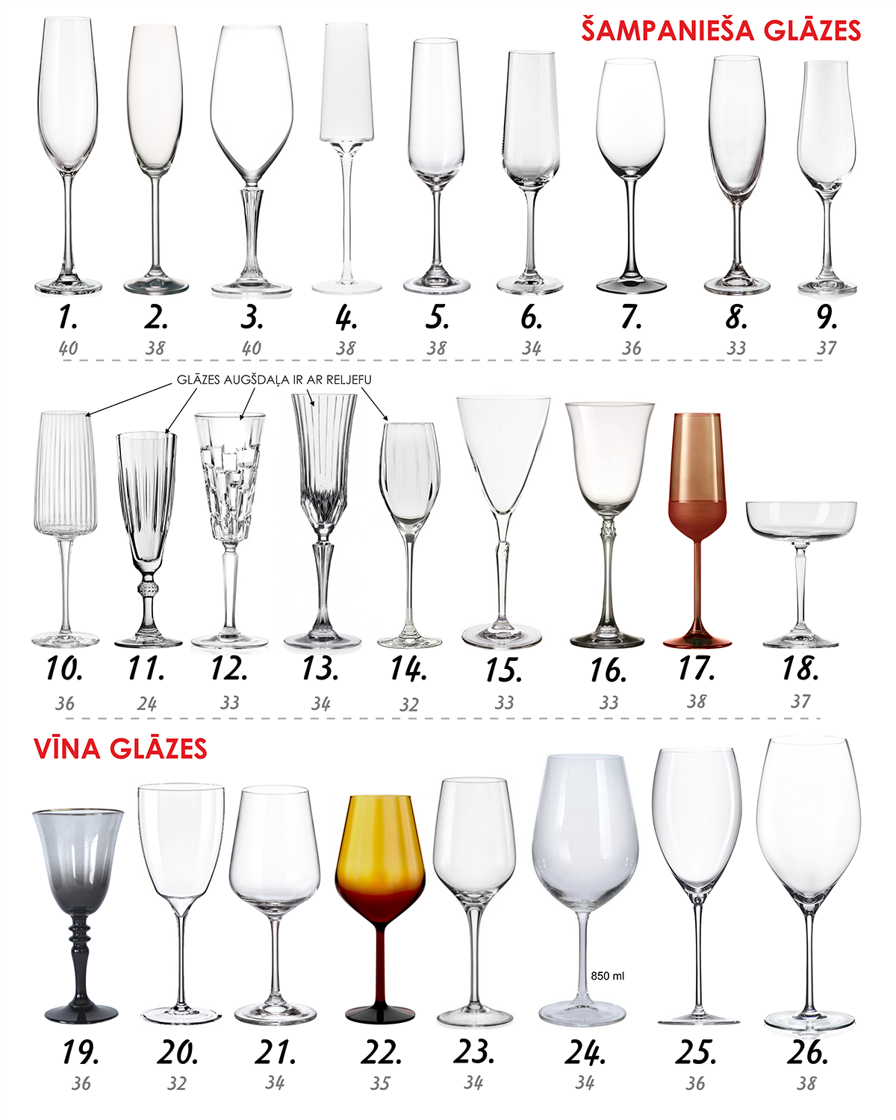Plašs kāzu glāžu formu piedāvājums ar personalizētu gravējumu – šampanieša glāzes un vīna glāzes